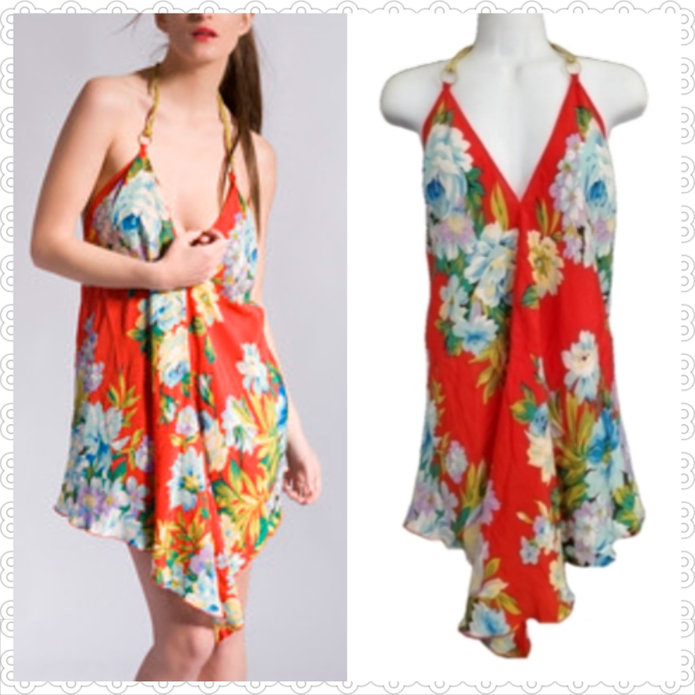 UO Silkysexy Halter floral Tunic Gold Rope tie Top/Mini Dress - Picture 1 of 12